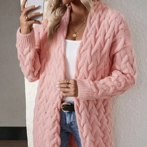 Pink Casual Womens Cable Knit Drop Shoulder Duster Cardigan - Picture 4 of 5